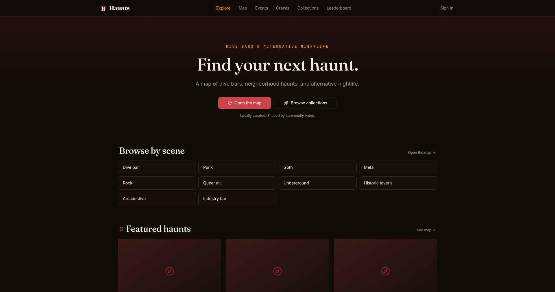 Screenshot of the Haunts website showing scene browsing and featured nightlife venues